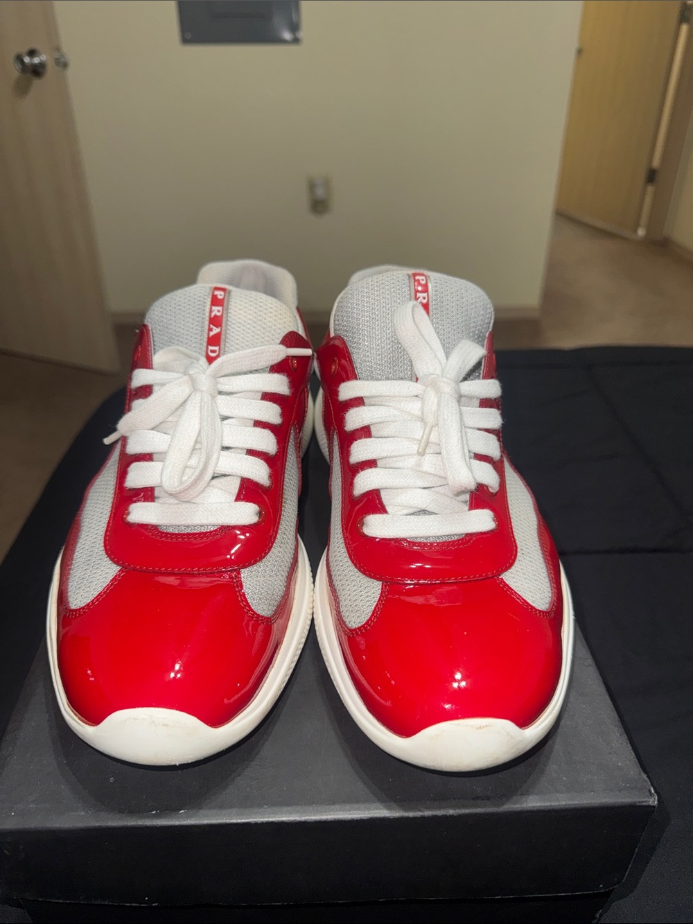 Prada  Red and White Patent Leather Sneakers